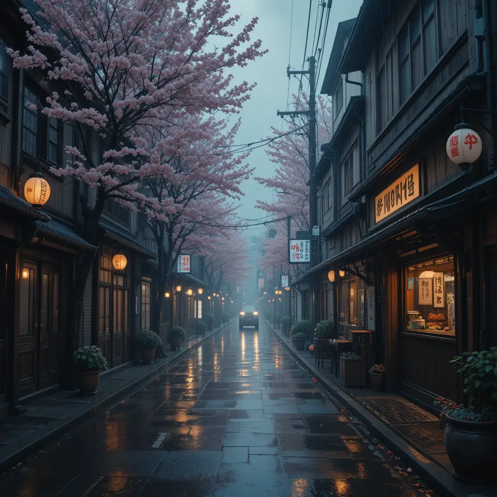 Calle japonesa tranquila con faroles tras la lluvia nocturna