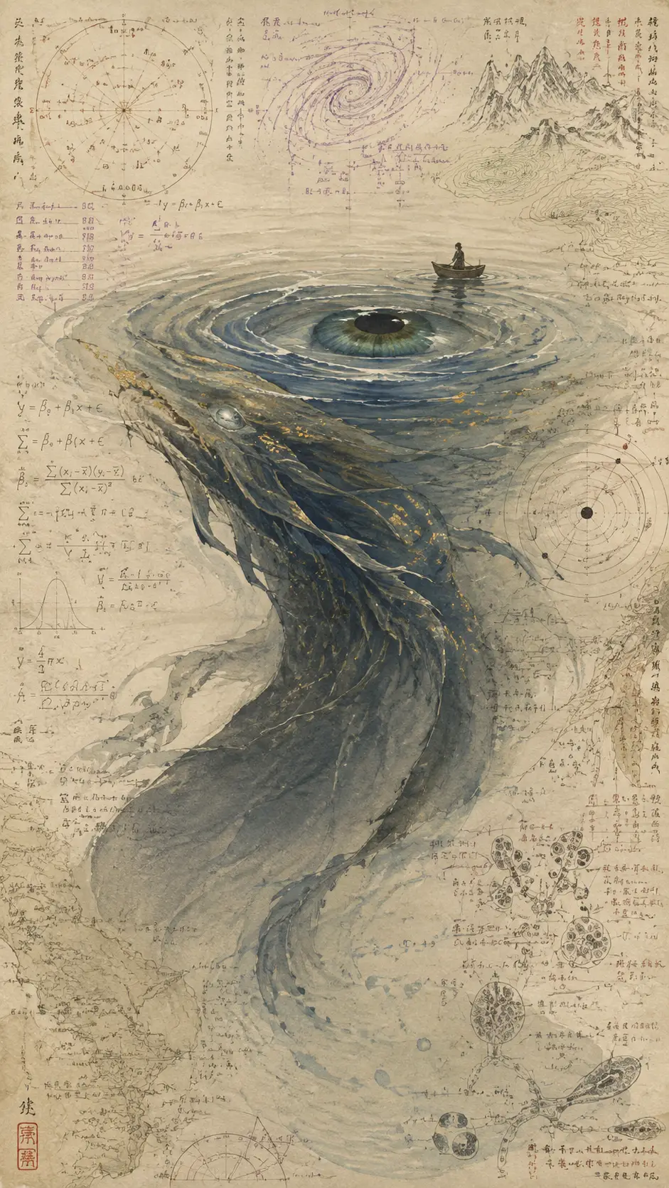 Ancien esprit marin glissant sous une eau immobile sombre comme l’encre