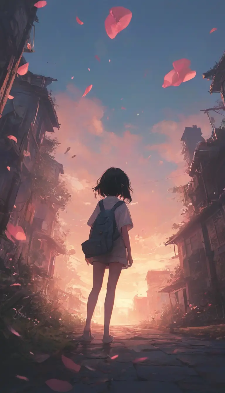 傾いた幻想世界に漂う幻想的な花びら