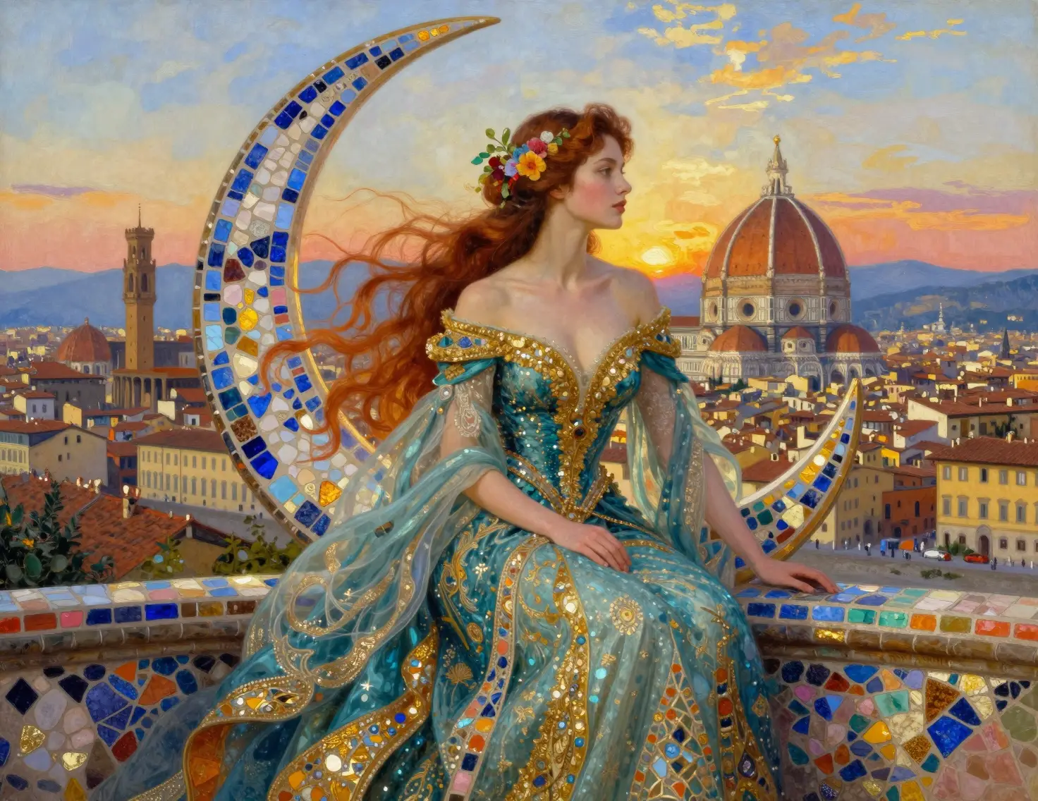Mujer elegante con vestido verde azulado ante mosaico y paisaje urbano