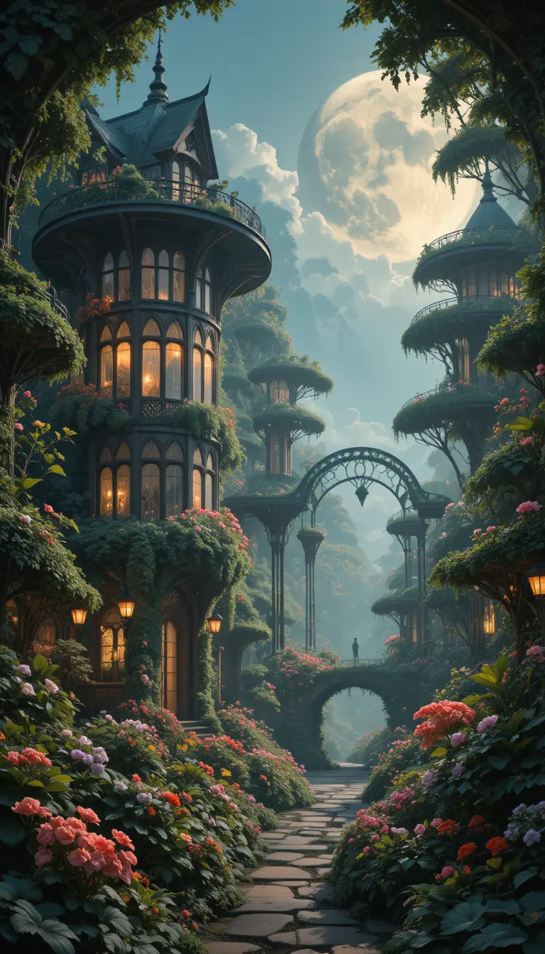 Serre art nouveau remplie de plantes fantastiques lumineuses