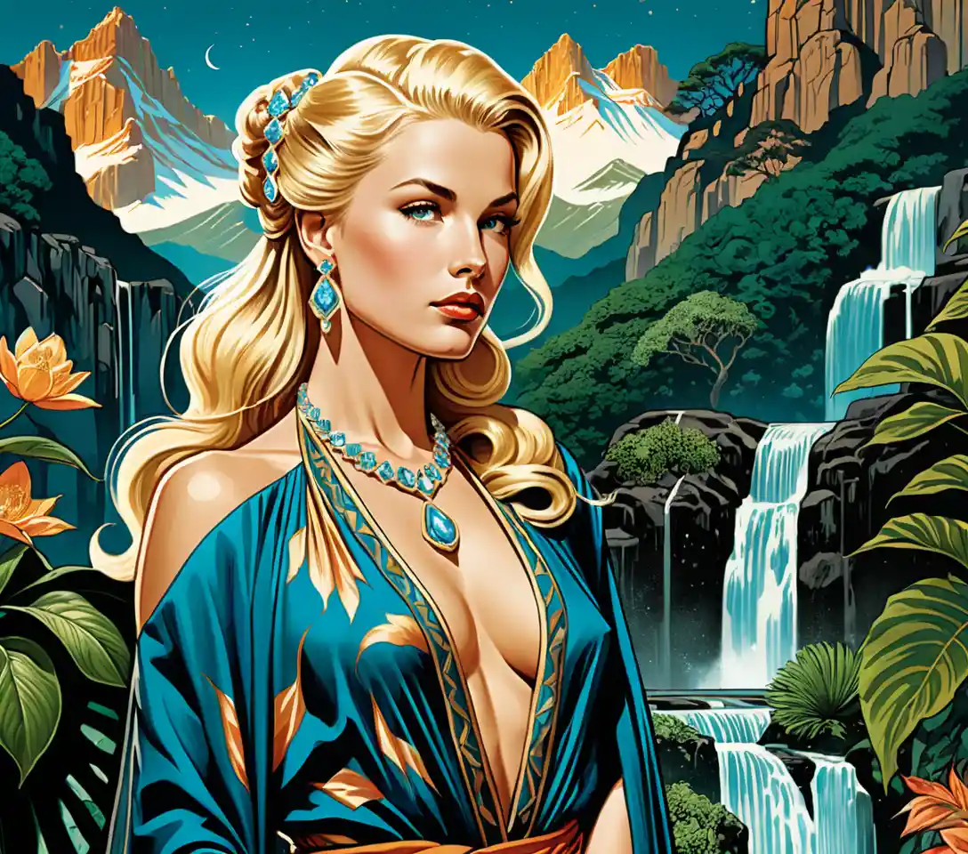Mujer rubia con túnica celestial de pie en un solárium