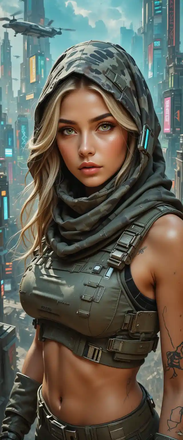 Guerrera futurista con capucha táctica – retrato