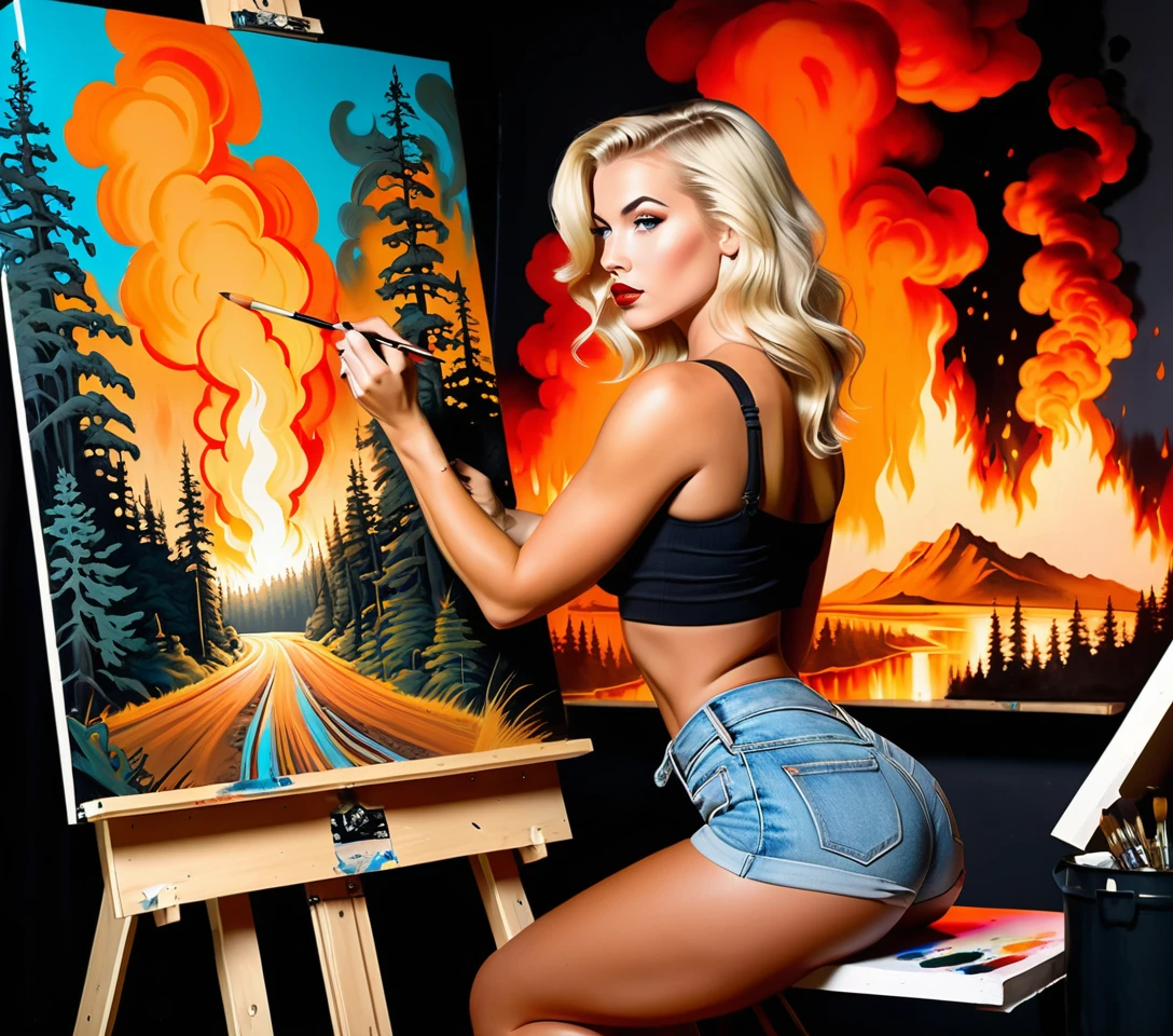 Artista pin up rubia pintando un dramático incendio forestal