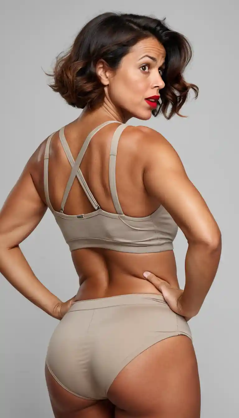 Low angle portrait of woman in beige underwear