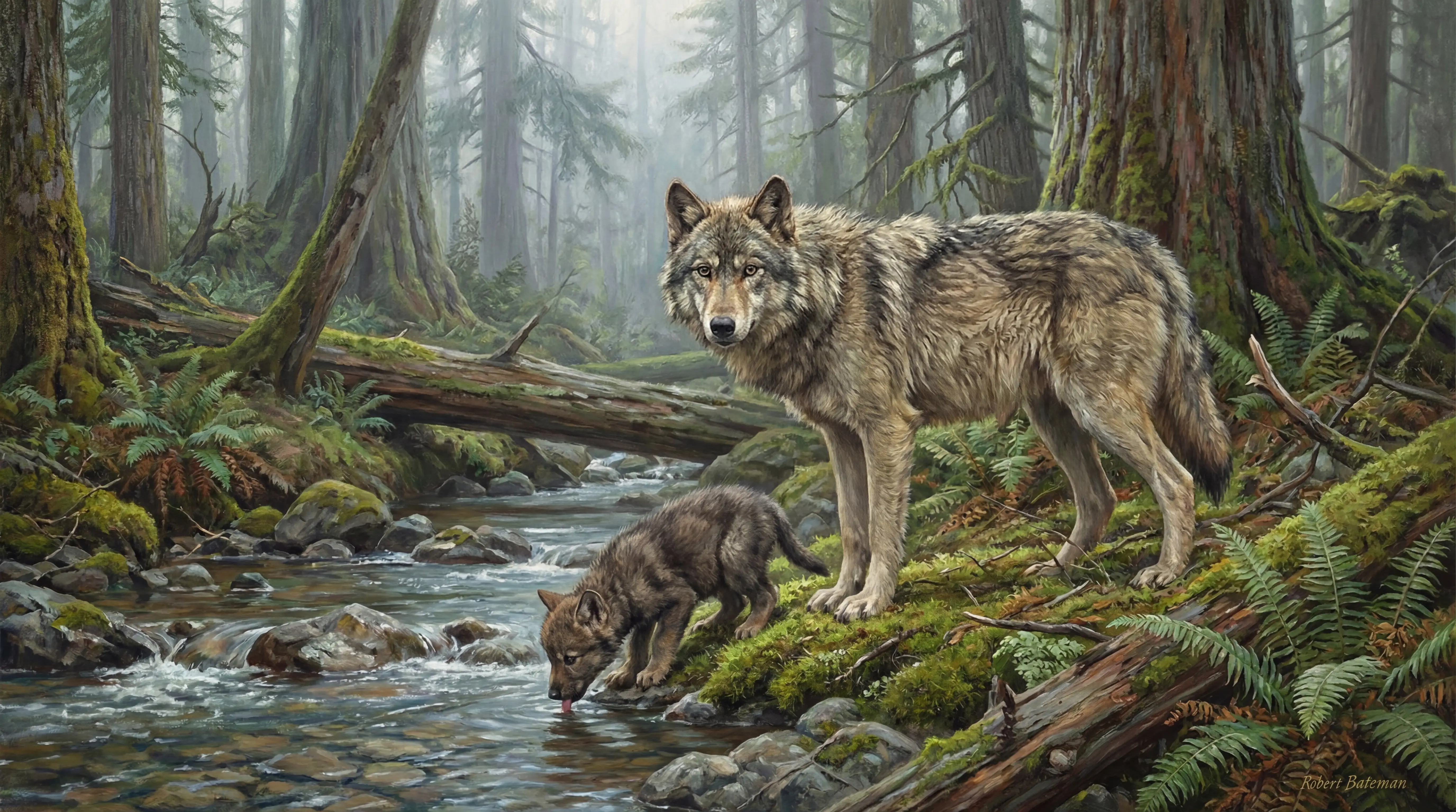 Loba observa a su cachorro mientras bebe de un arroyo del bosque