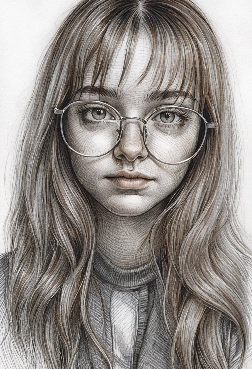 Portrait au crayon d’une jeune femme avec des lunettes rondes
