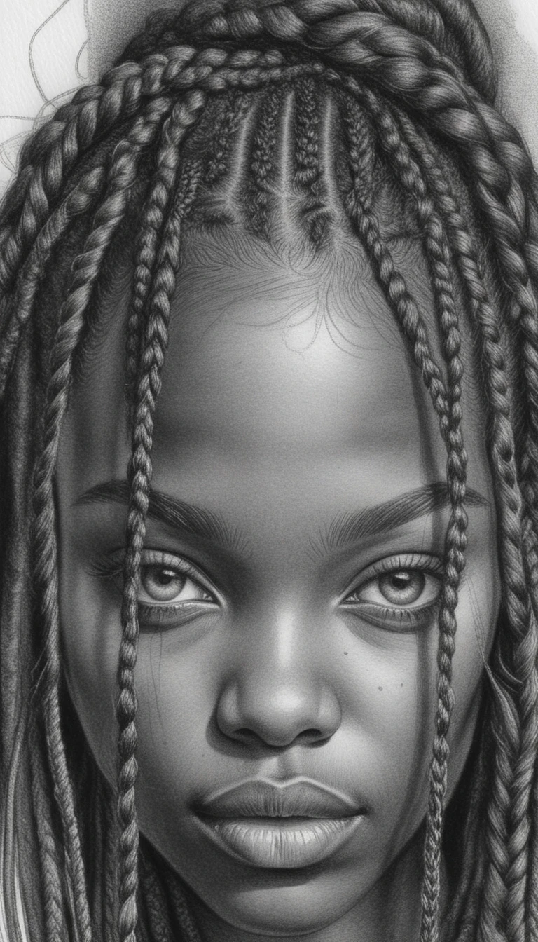 Retrato en grafito en primer plano de una mujer joven con trenzas