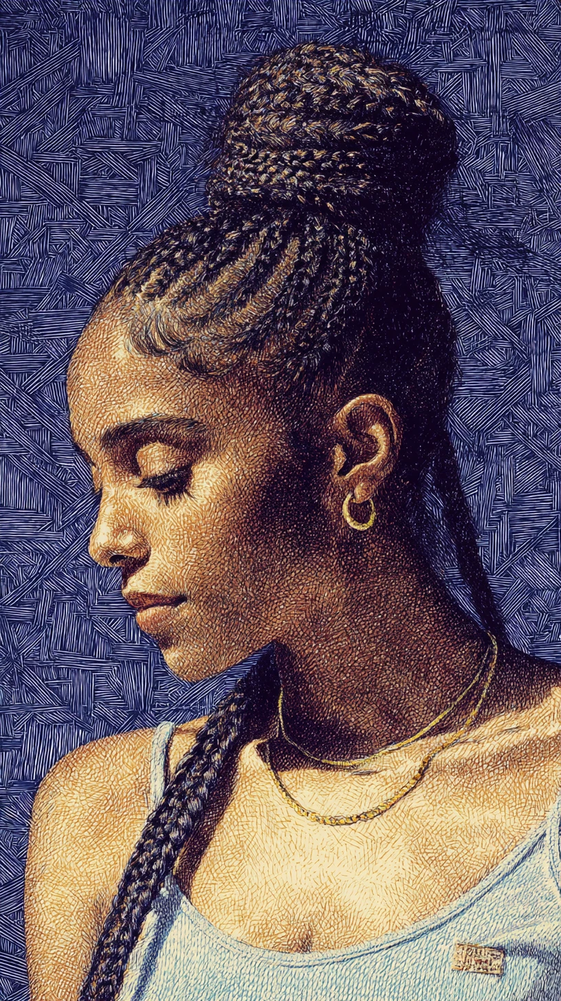 Colored pencil portrait of a young Black woman with braids