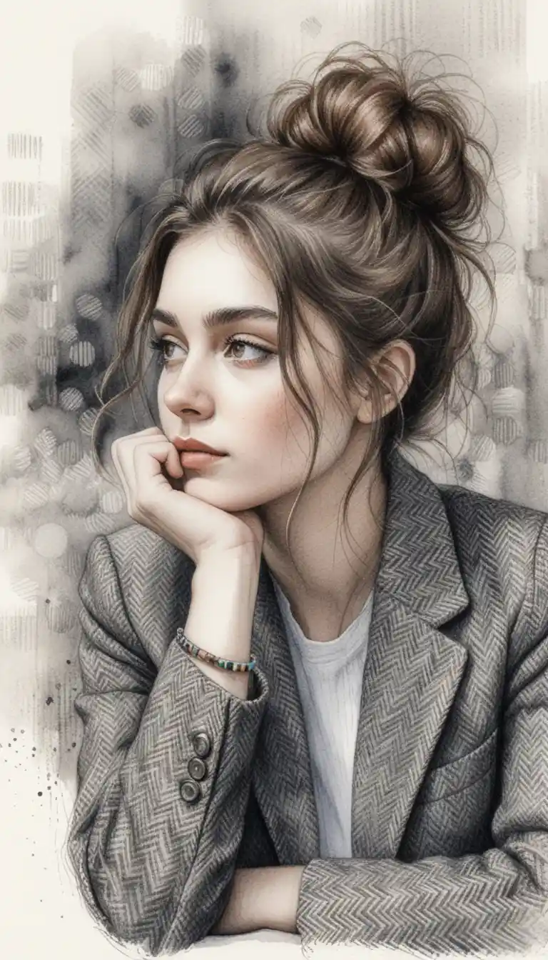 Thoughtful girl portrait in detailed ink crosshatching