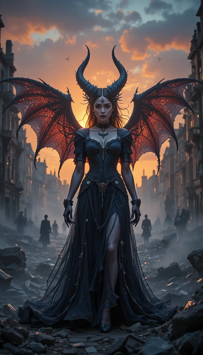 Mujer demoníaca de pie entre las ruinas ardientes de una ciudad victoriana al anochecer