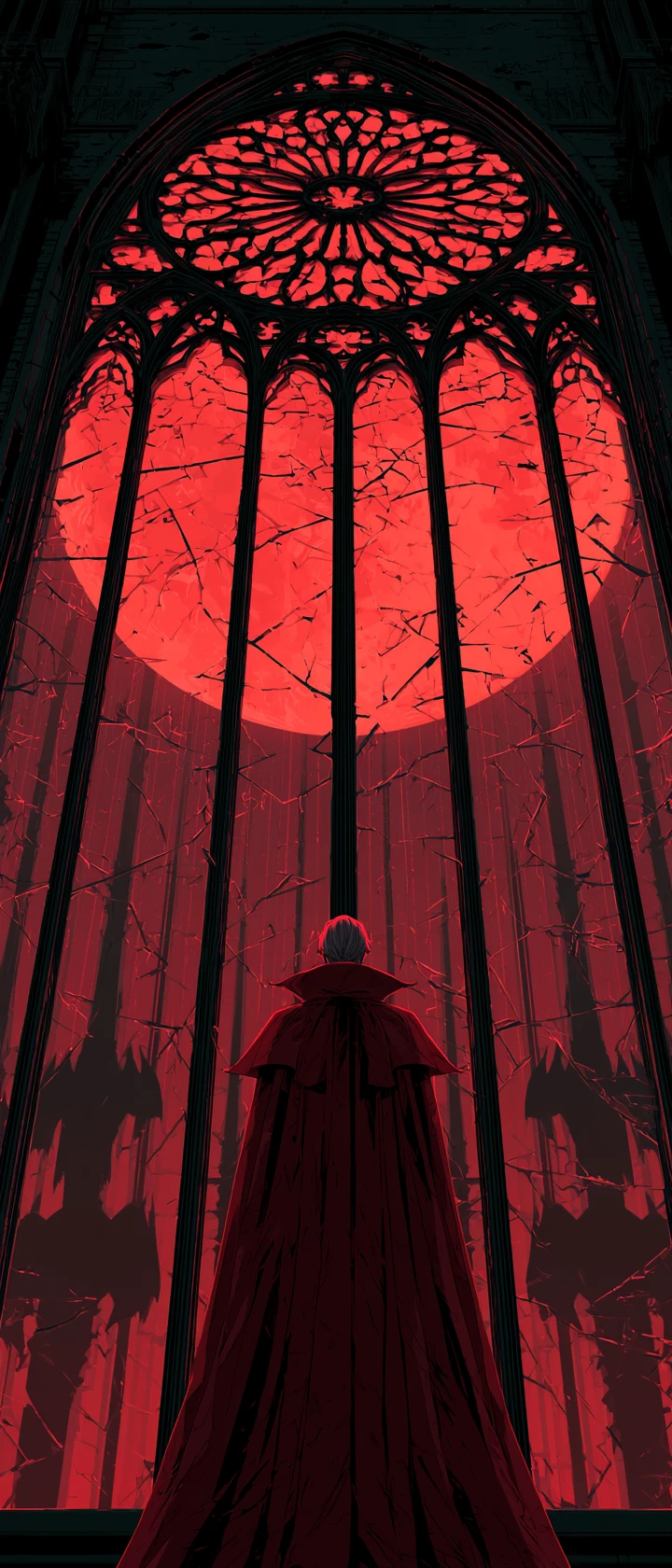 Señor vampiro ante una ventana gótica rota y una luna de sangre