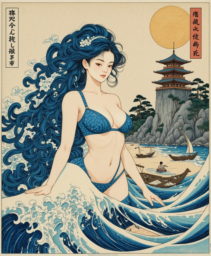 Diosa del agua que surge de olas oceánicas estilo ukiyo-e