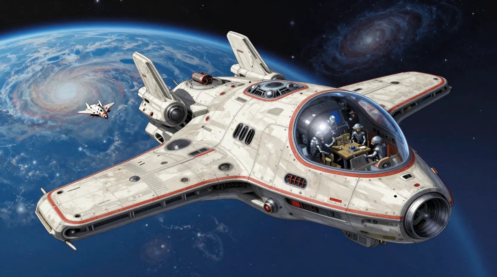 エイリアン巡洋艦が深宇宙で青い惑星のそばを通過する