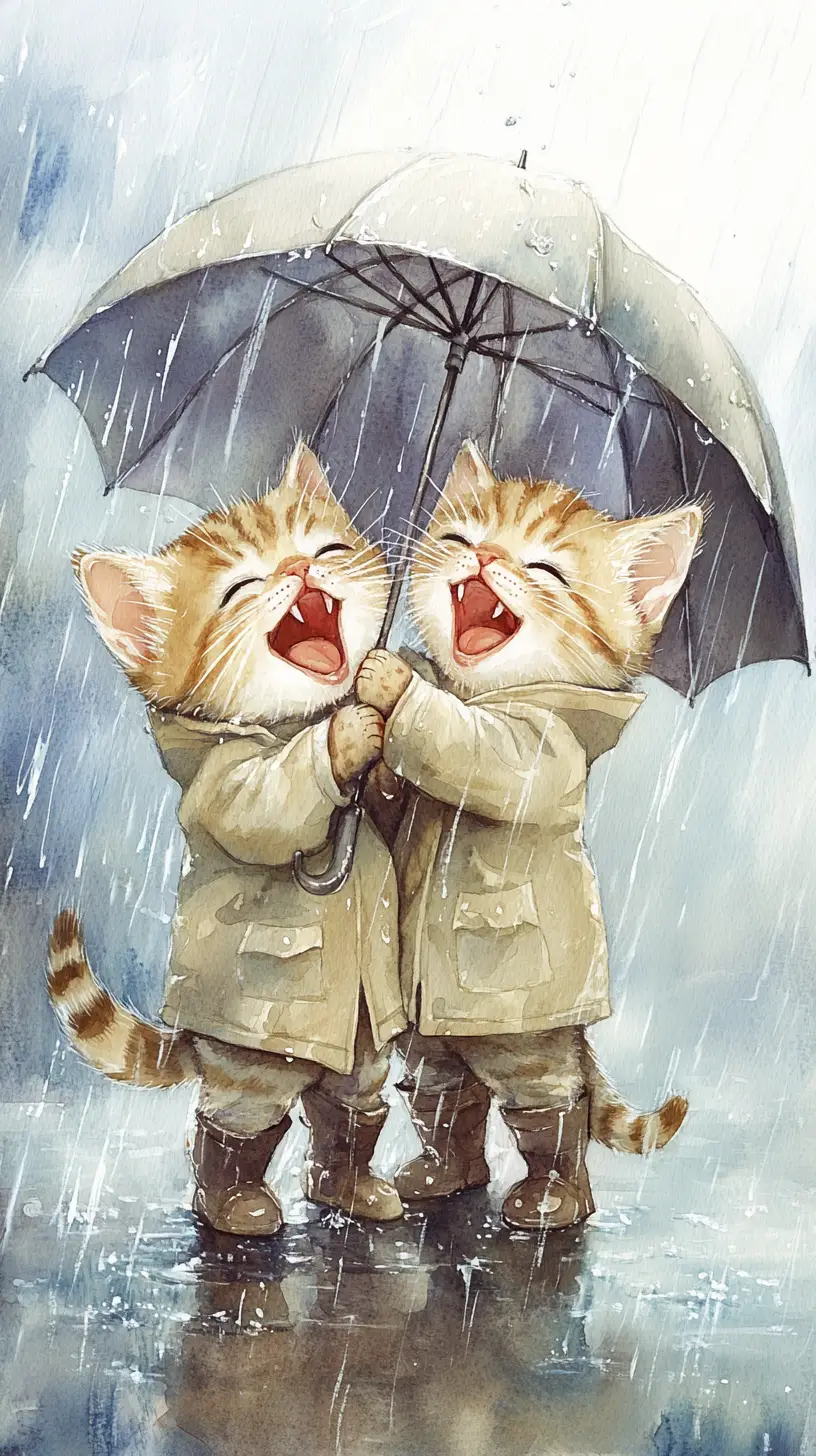 Gatitos en acuarela riendo bajo un paraguas compartido bajo la lluvia