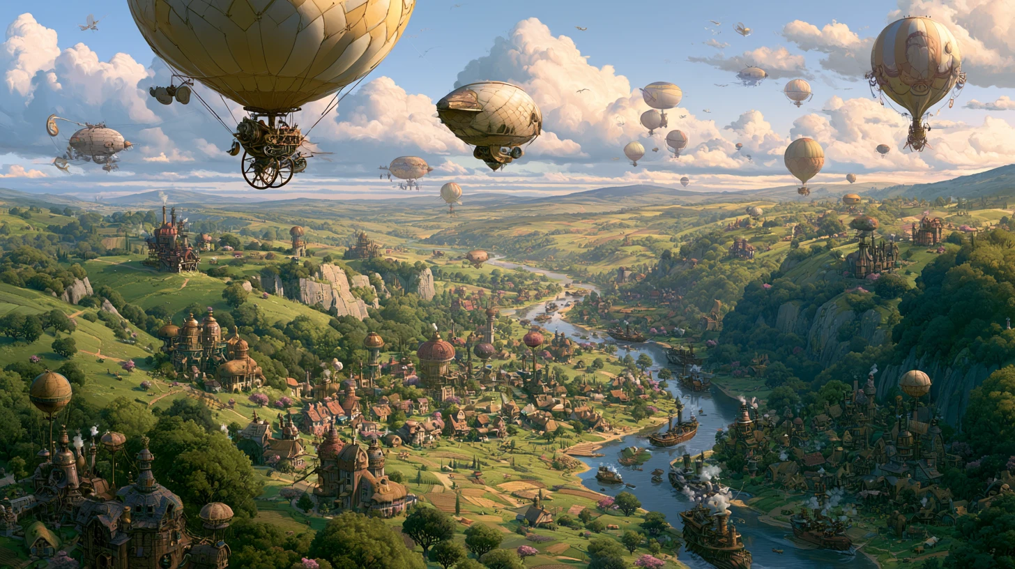 Whimsical steampunk town in a lush golden hour valley