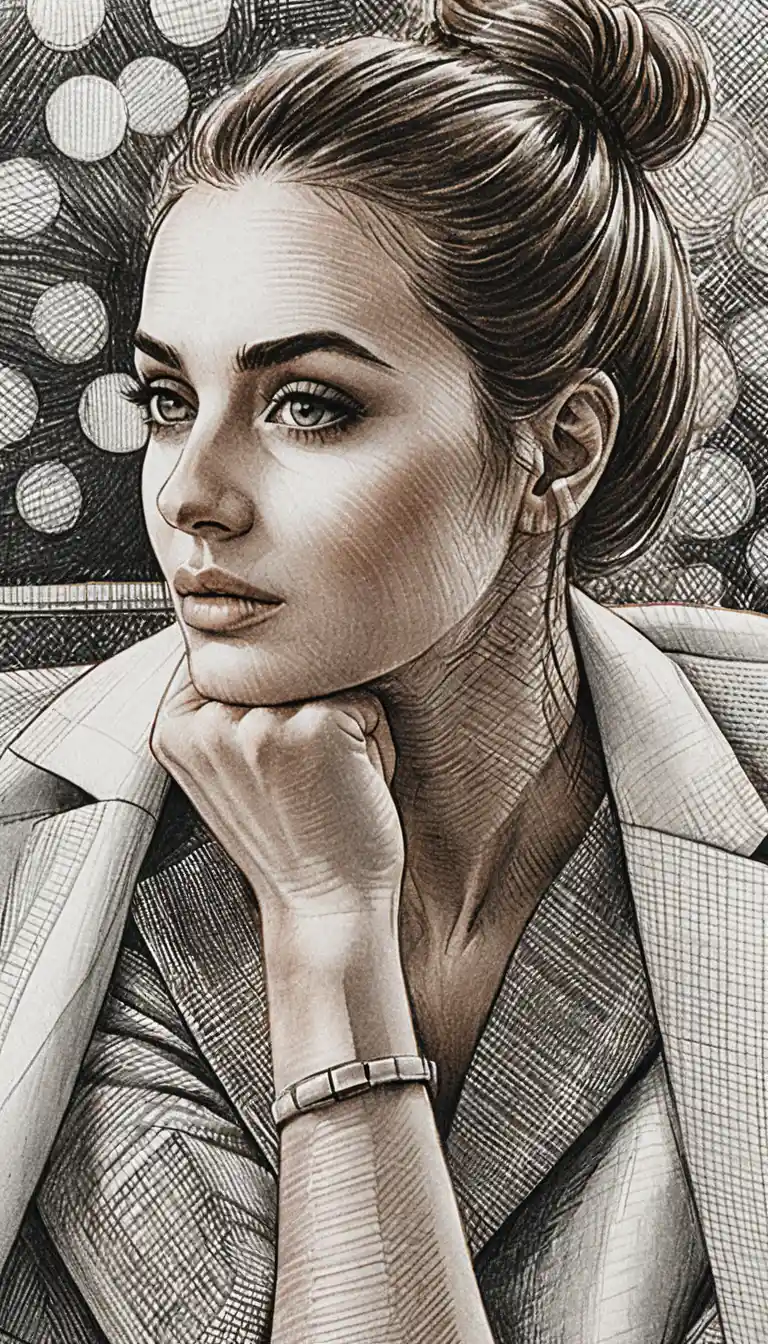 Ritratto a inchiostro di una giovane donna in blazer con sfondo bokeh