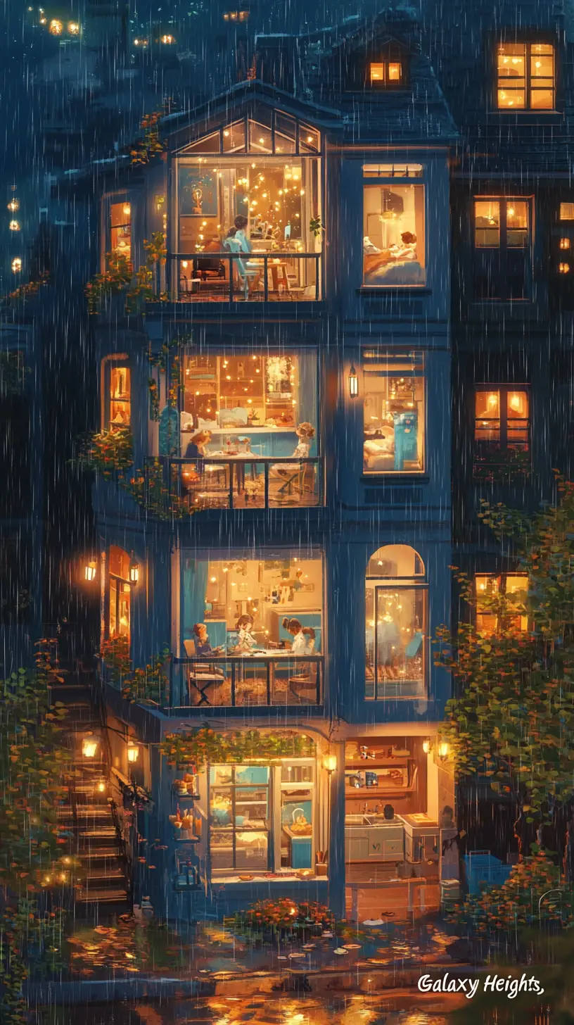 Acogedoras ventanas en una noche lluviosa en un edificio de apartamentos de la ciudad