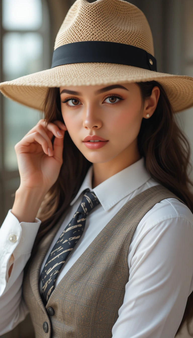 Mujer elegante con chaleco, corbata y sombrero panamá