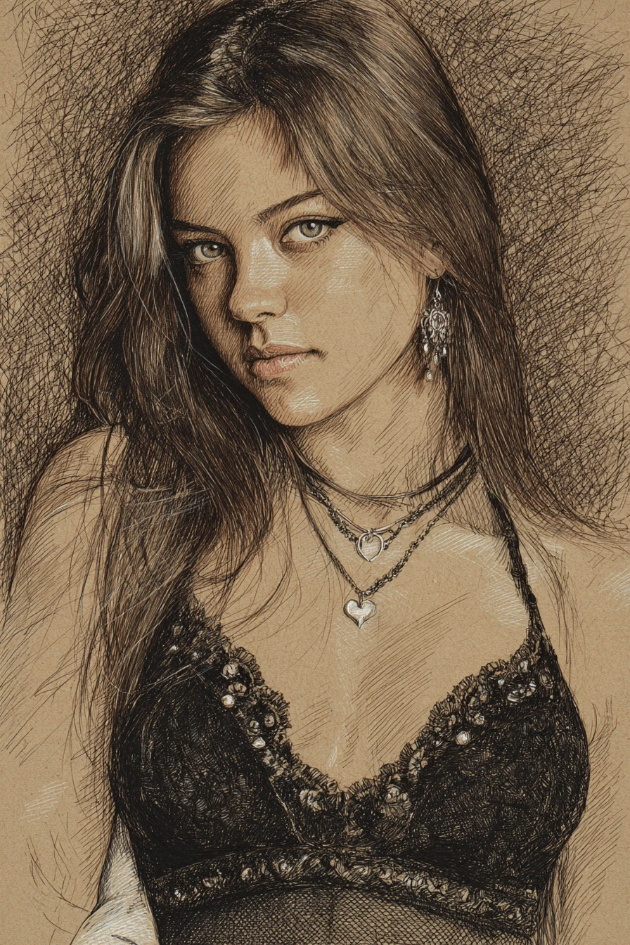 Retrato a tinta y lápiz de color de una mujer joven