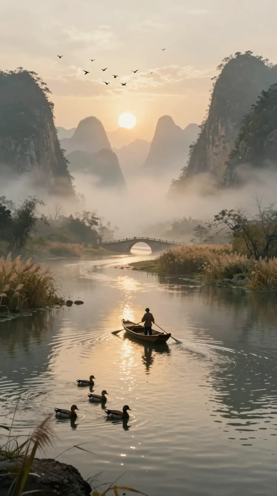 Pescador al amanecer en río montañoso chino cubierto de niebla