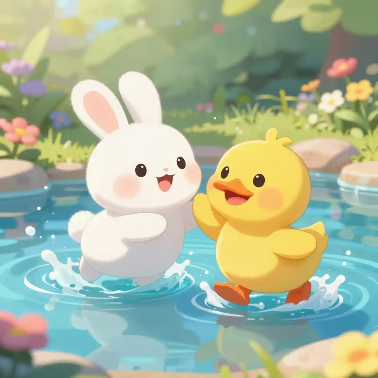 Conejito tierno y pato amarillo jugando en un estanque soleado