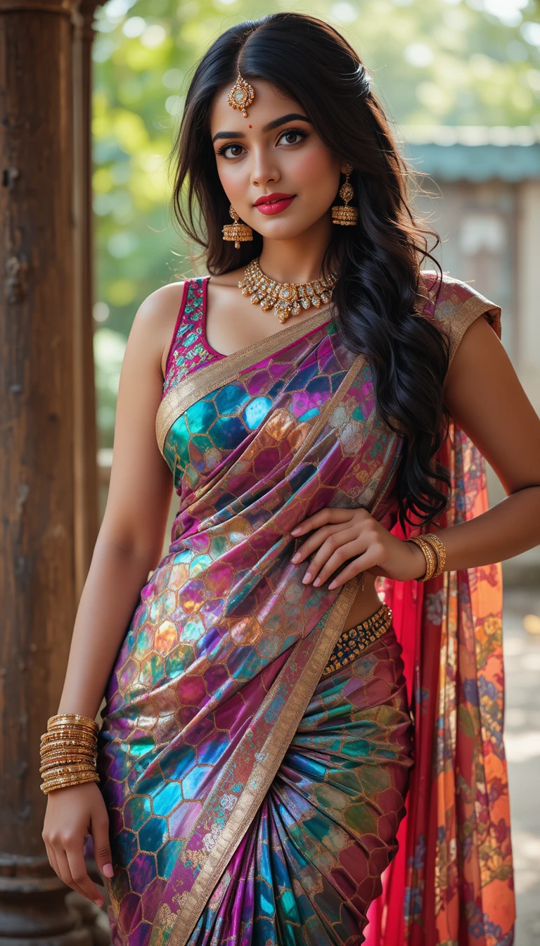Mujer tamil con sari espejo brillante en pose inclinada hacia adelante