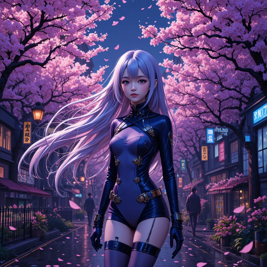 Chica de anime de cabello plateado entre flores de cerezo