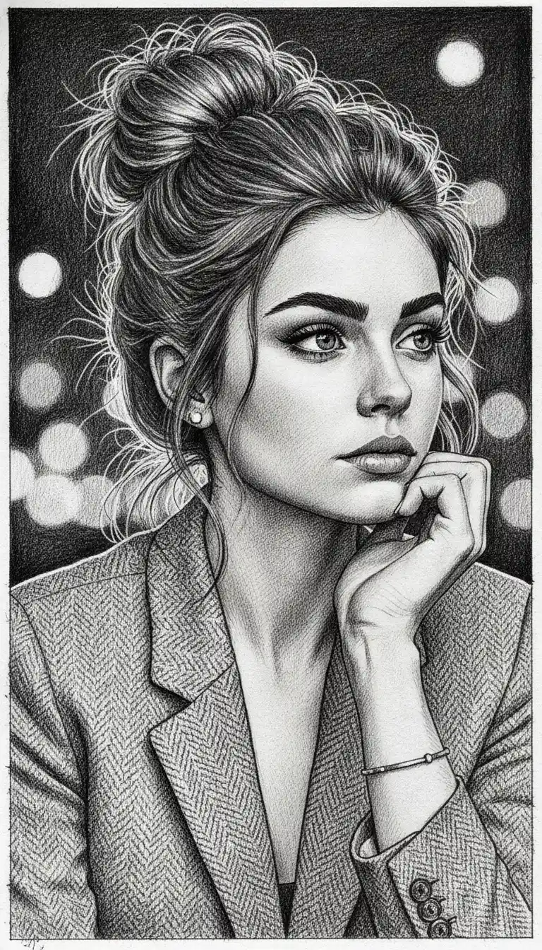 Ink portrait of a young woman with messy bun and bokeh background