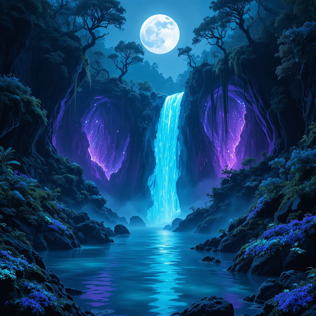 Bioluminescent Waterfall In An Enchanted Midnight Forest