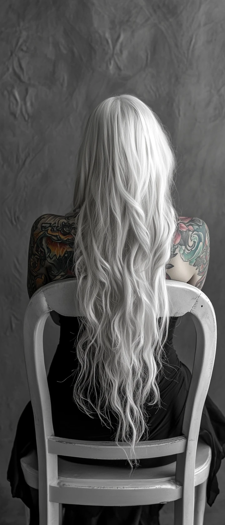 Mujer inclinada hacia adelante en una silla blanca con tatuaje