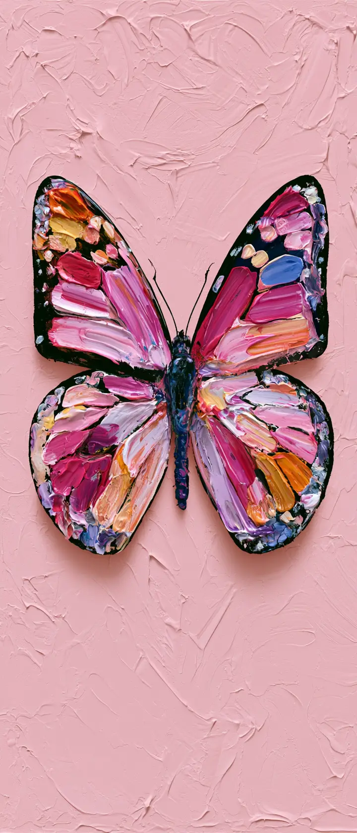 Pintura de mariposa colorida sobre fondo rosa rubor suave