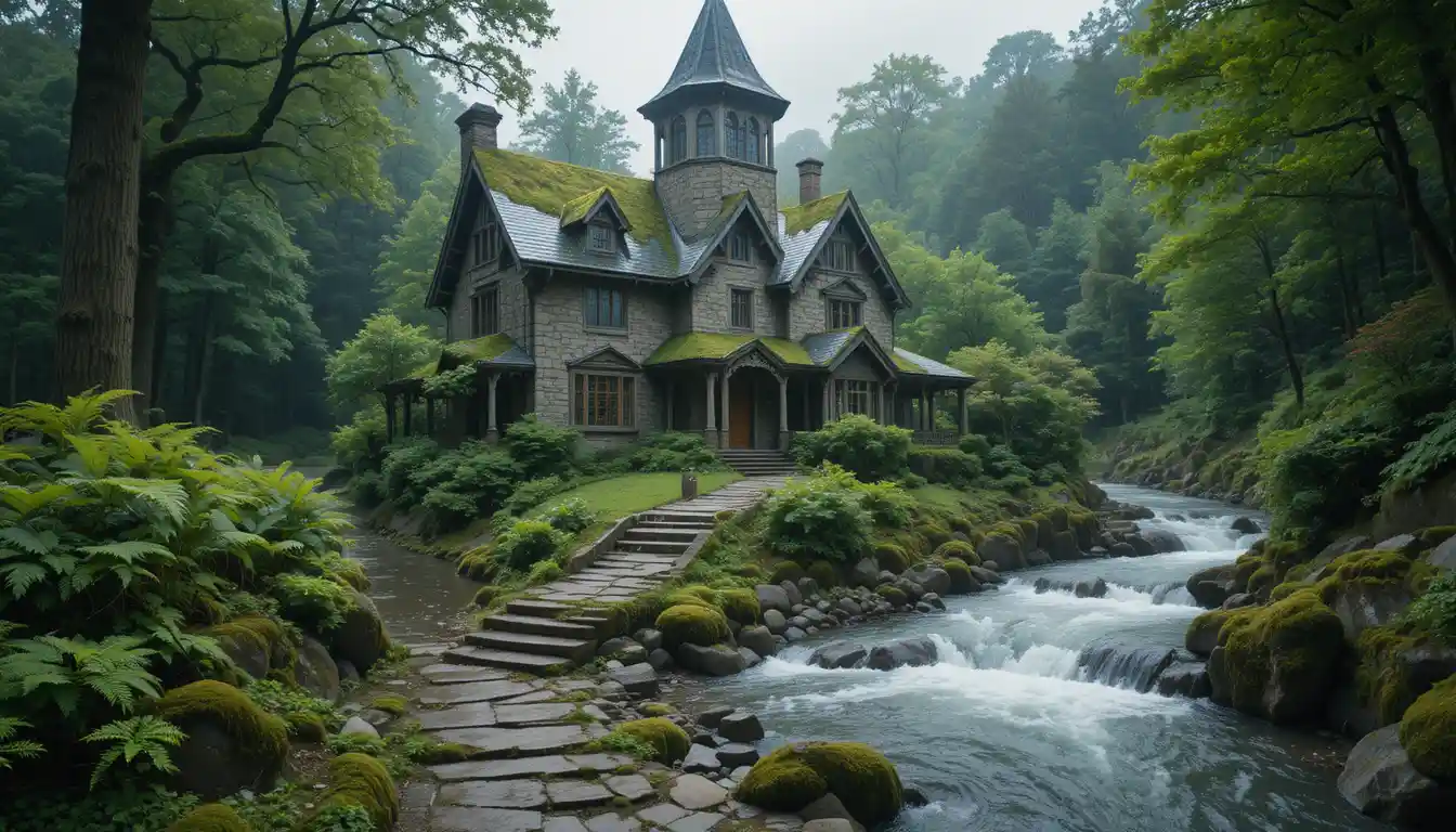 Grand stone cottage in a lush forest by a river