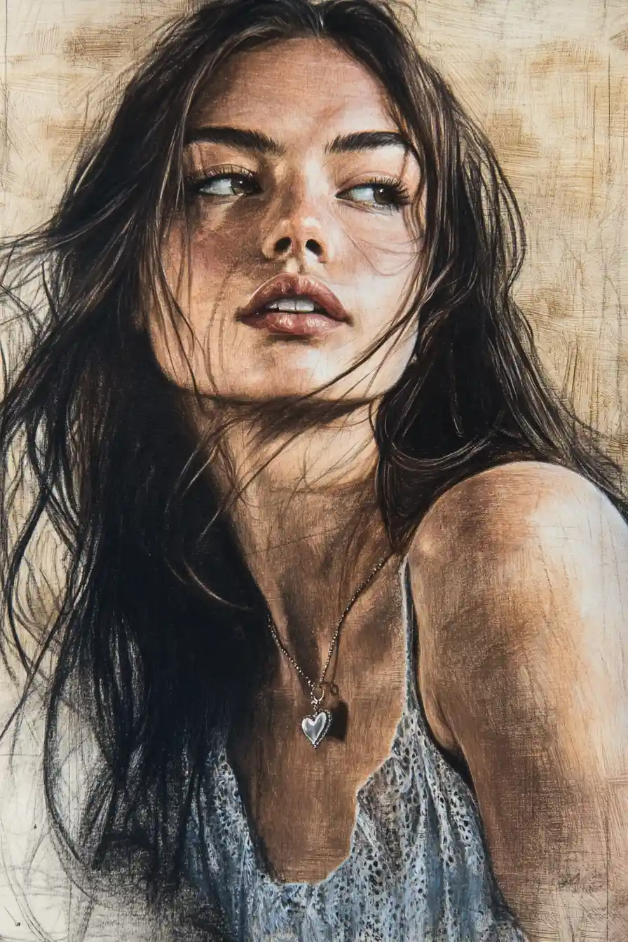 Ink portrait of young woman with floral mesh top