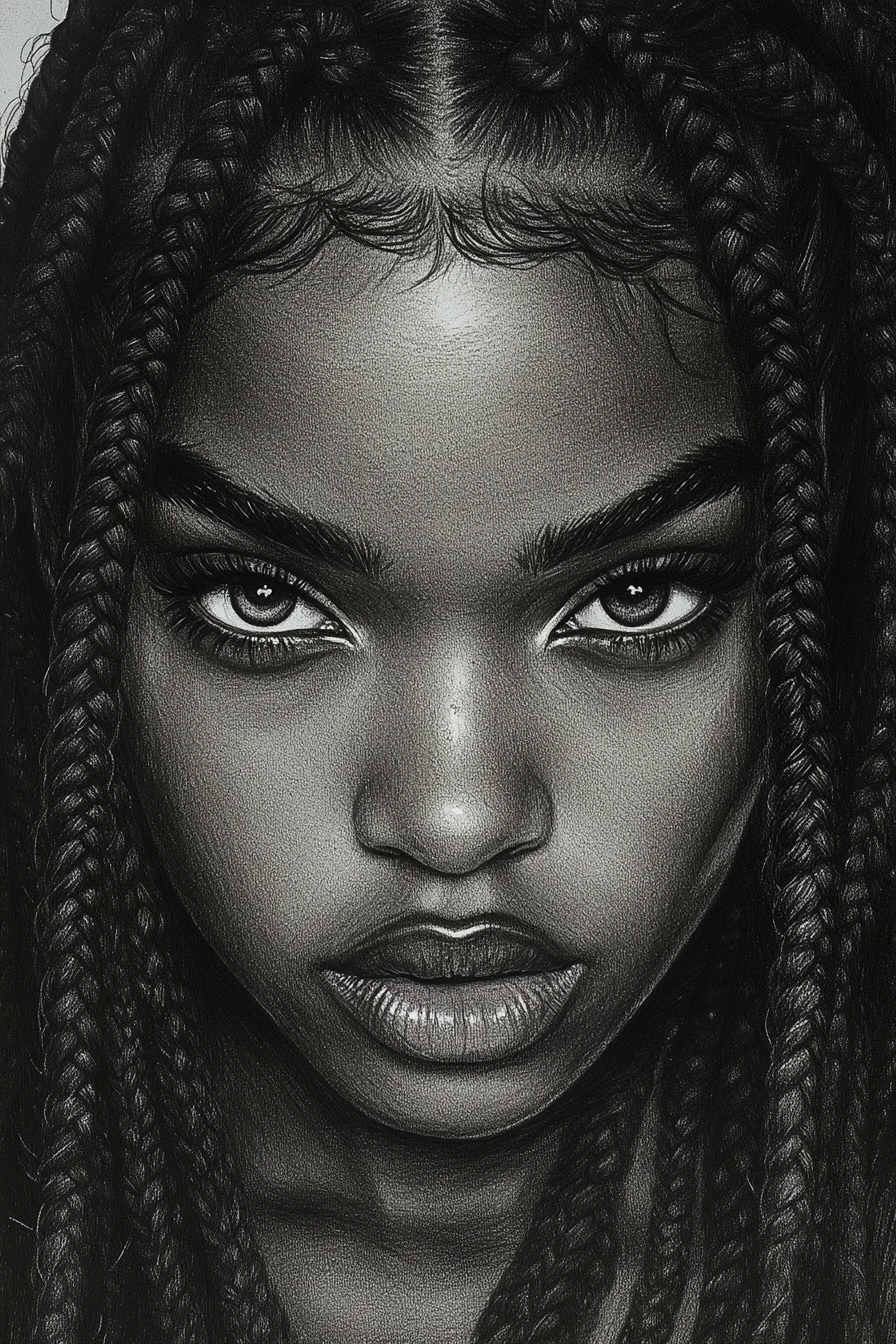 Graphite close up portrait of a young woman with braids