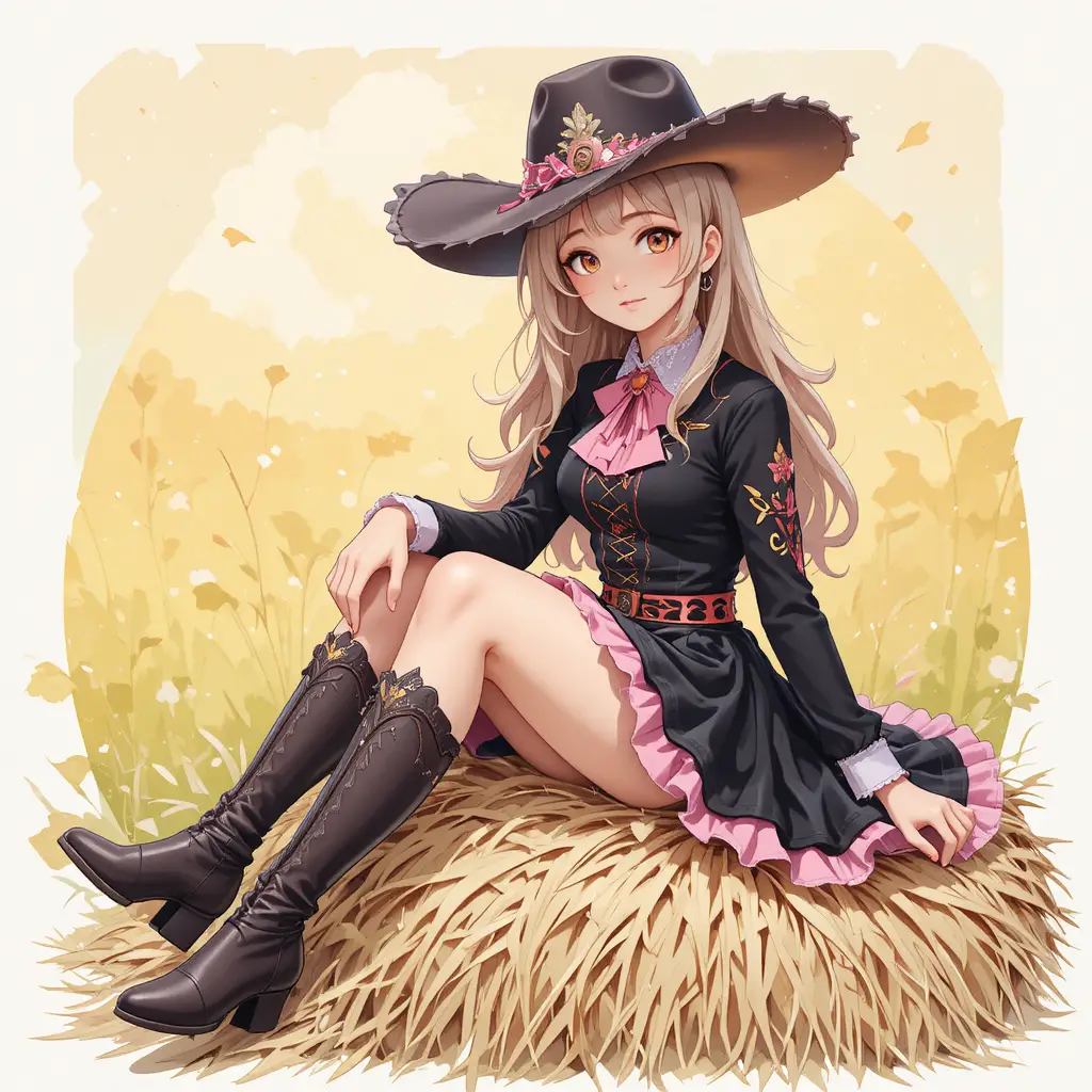 Vaquera de anime en negro y rosa sentada sobre un montón de heno
