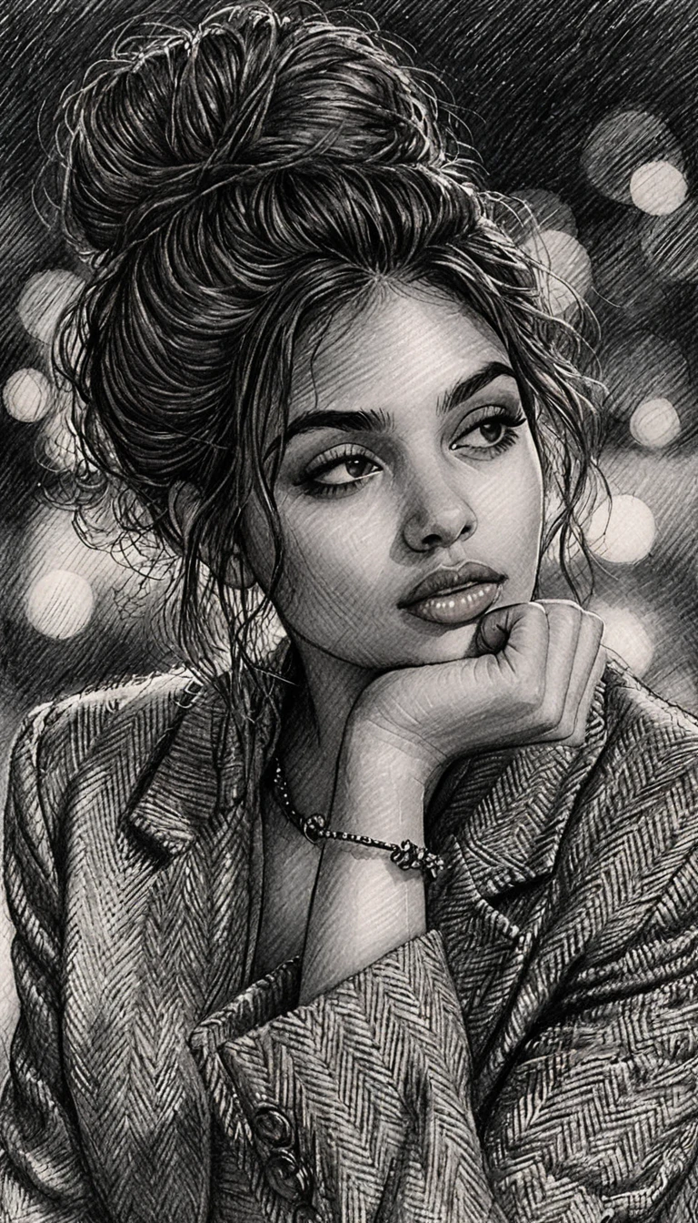 Thoughtful young woman portrait in detailed ink drawing