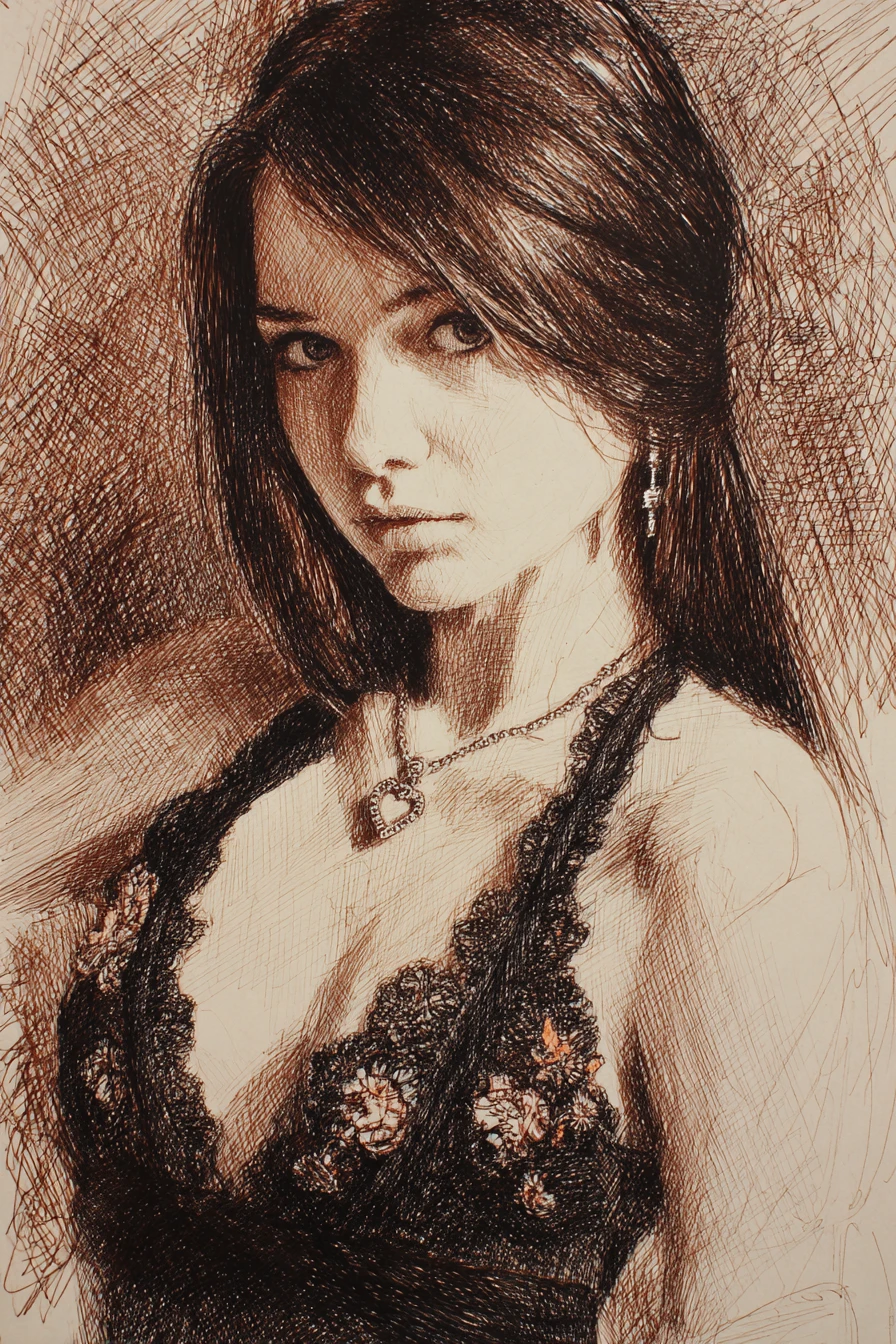 Close up ink portrait of a young woman with intense gaze