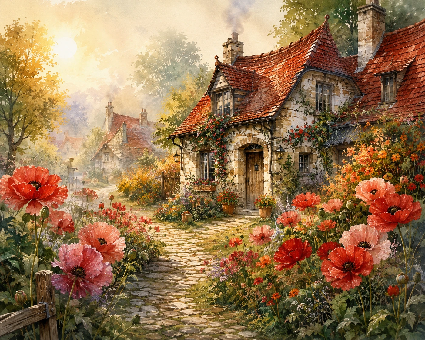 Casitas de pueblo en acuarela con exuberantes jardines llenos de flores