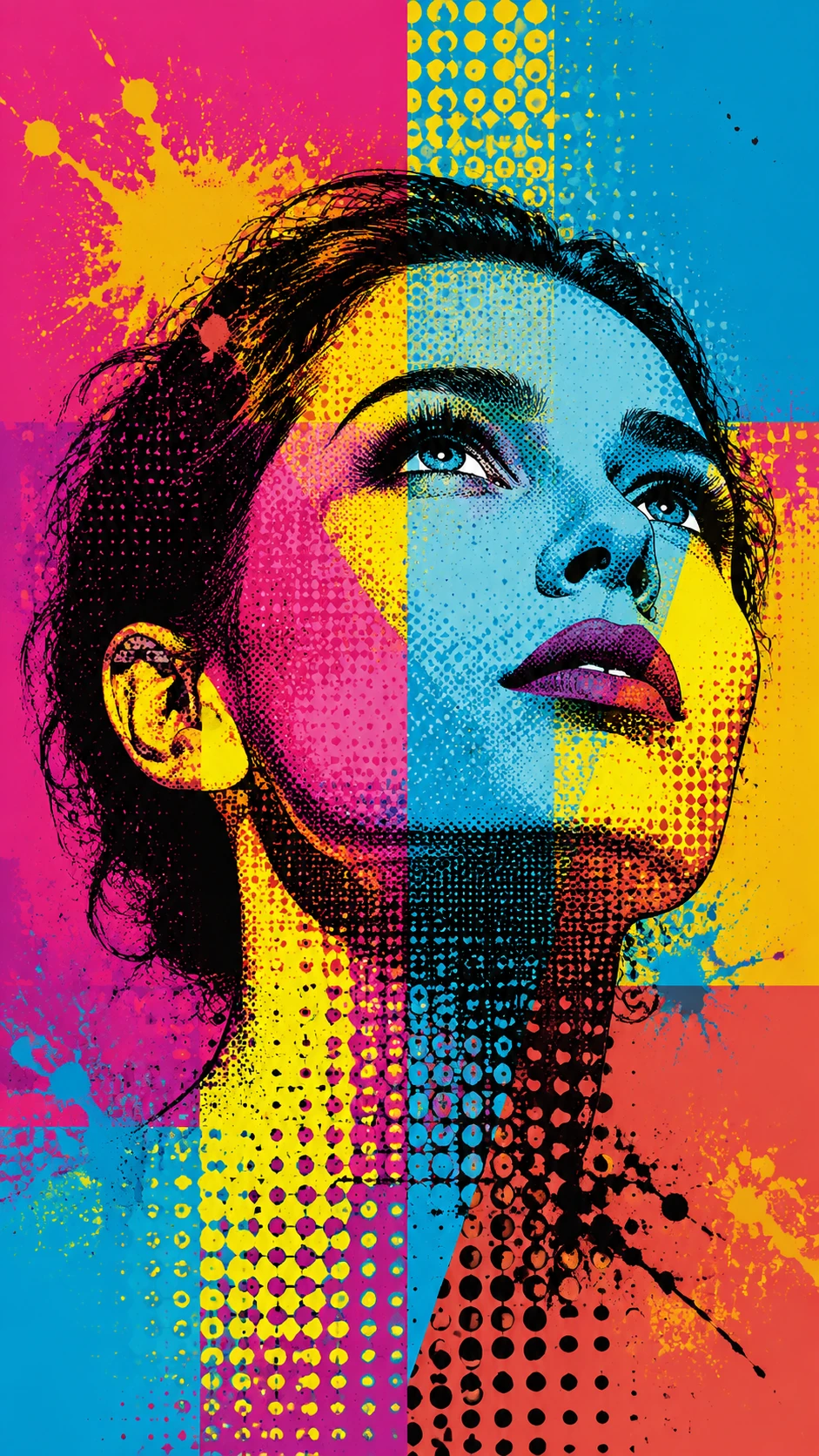Retrato pop art de una mujer pensativa en audaces colores de semitono