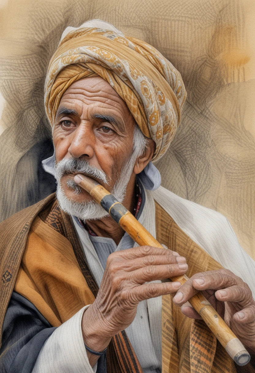 Dibujo de retrato de anciano con turbante tocando flauta de madera