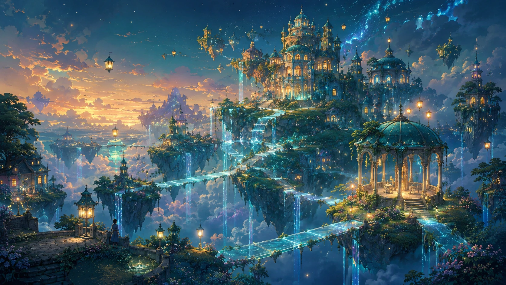 Islas flotantes con puentes de cristal resplandecientes al atardecer