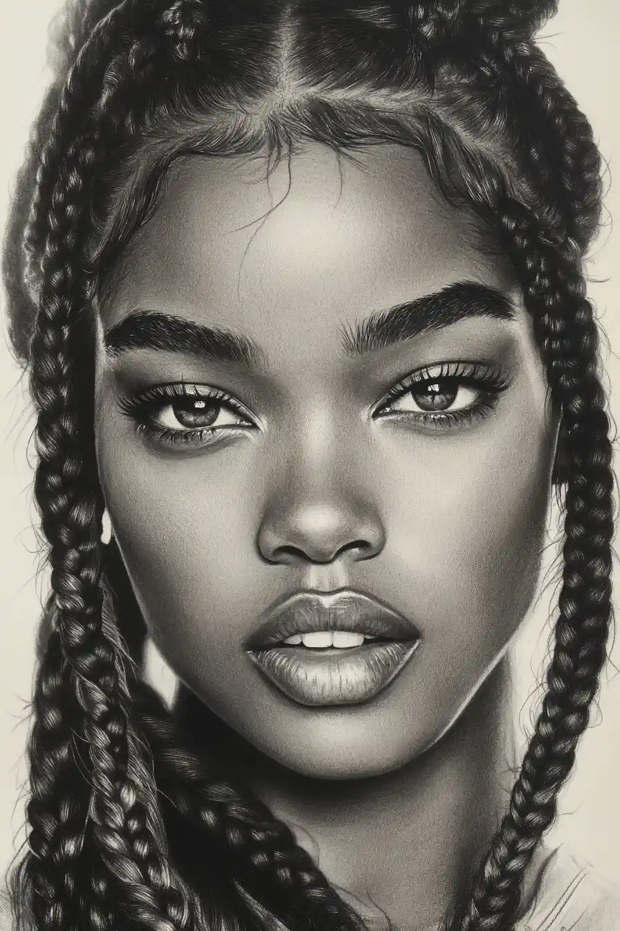 Close up graphite portrait of a young woman with braids