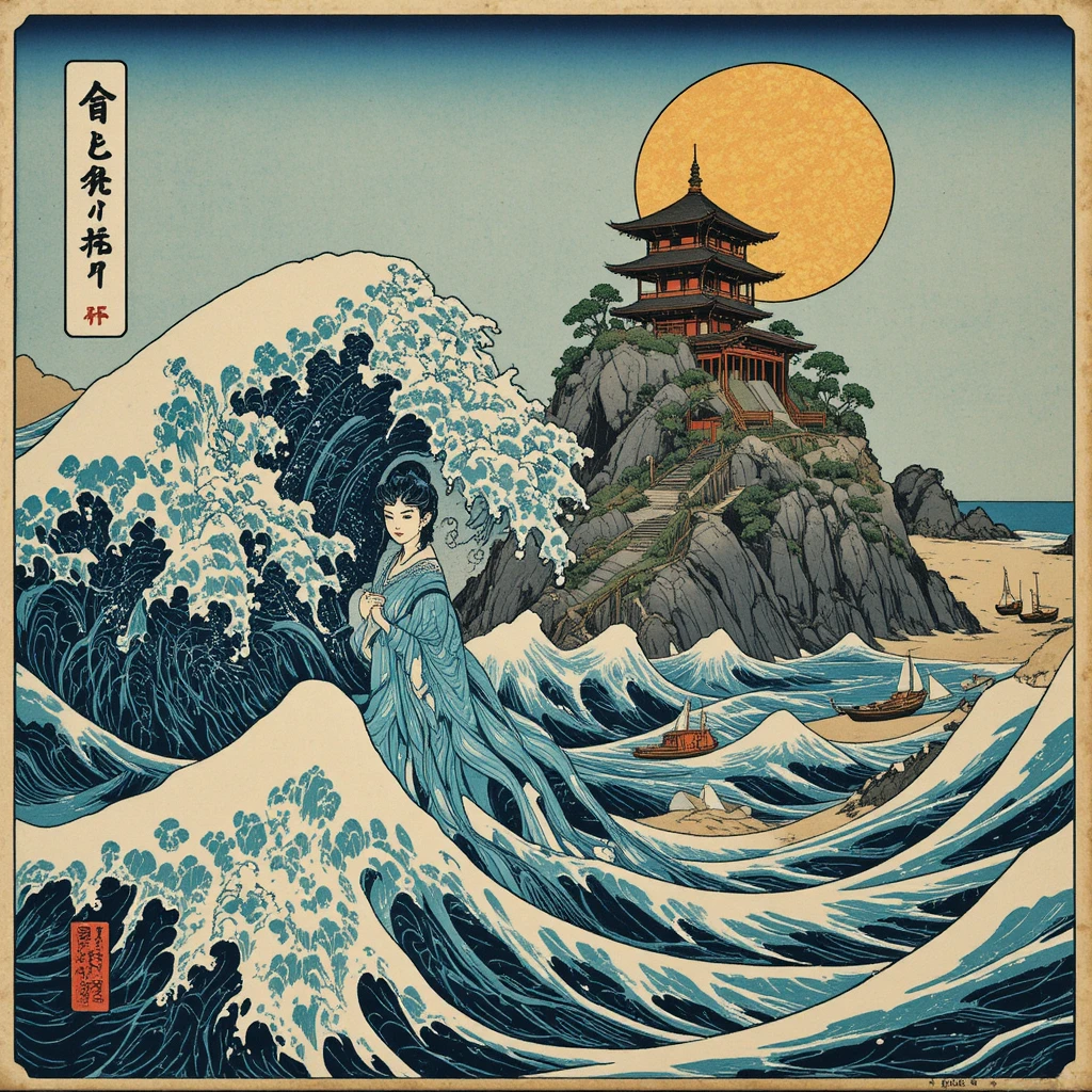 Espíritu de agua ukiyo-e que surge de olas oceánicas con patrones