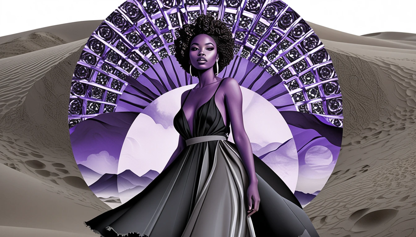 Mujer negra alegre en el desierto en ilustración surrealista