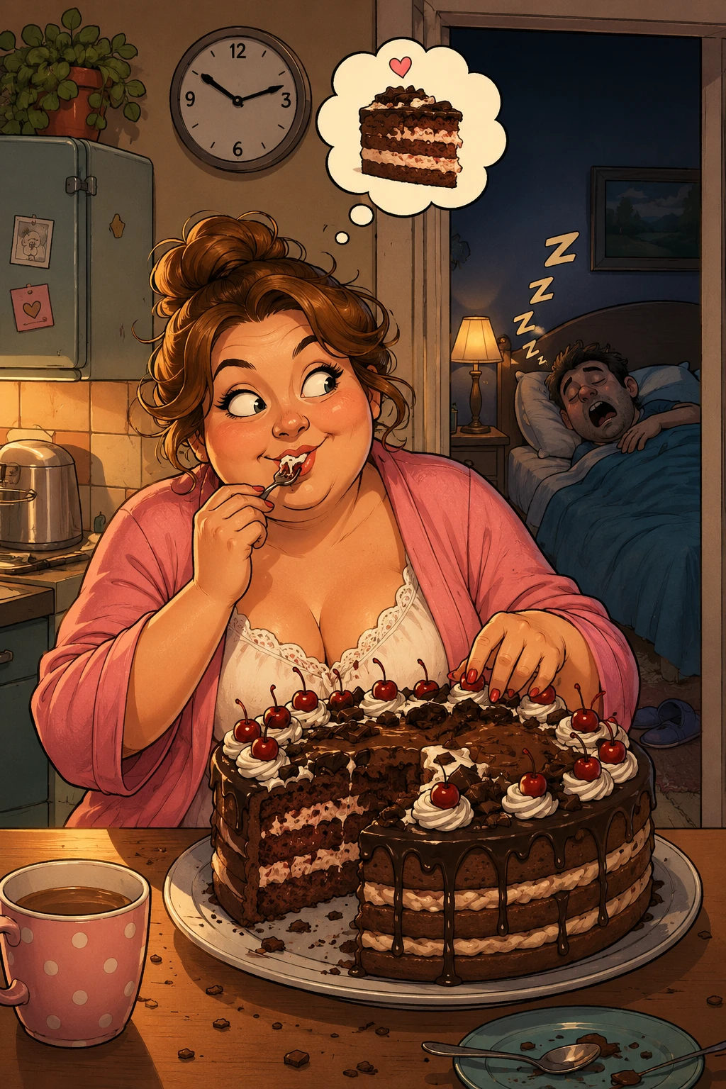 Ilustración cómica y juguetona de una tarta enorme en una cocina