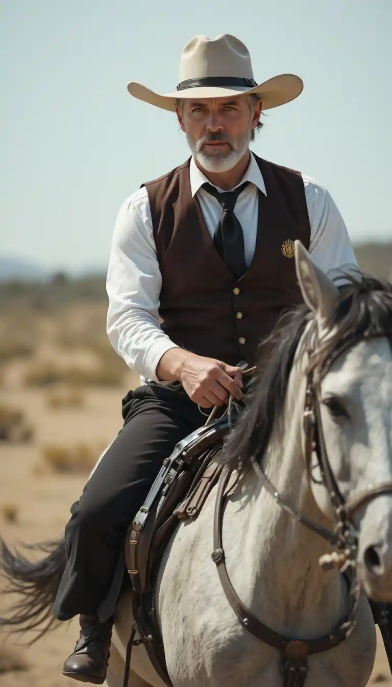 Alguacil vaquero de cabello plateado montando un caballo gris al galope