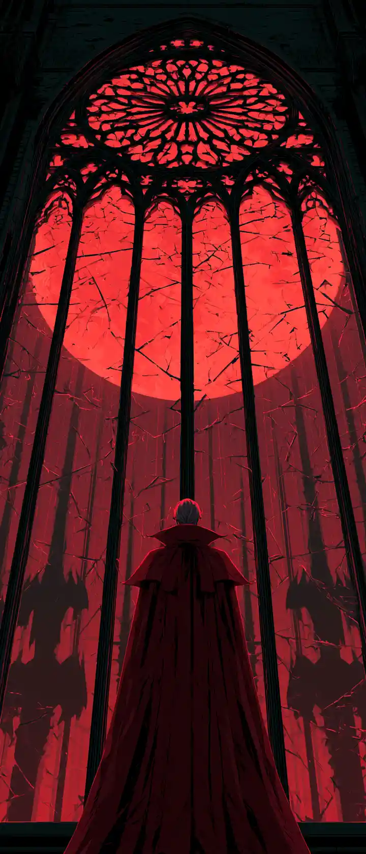 Señor vampiro ante una ventana gótica rota y una luna de sangre