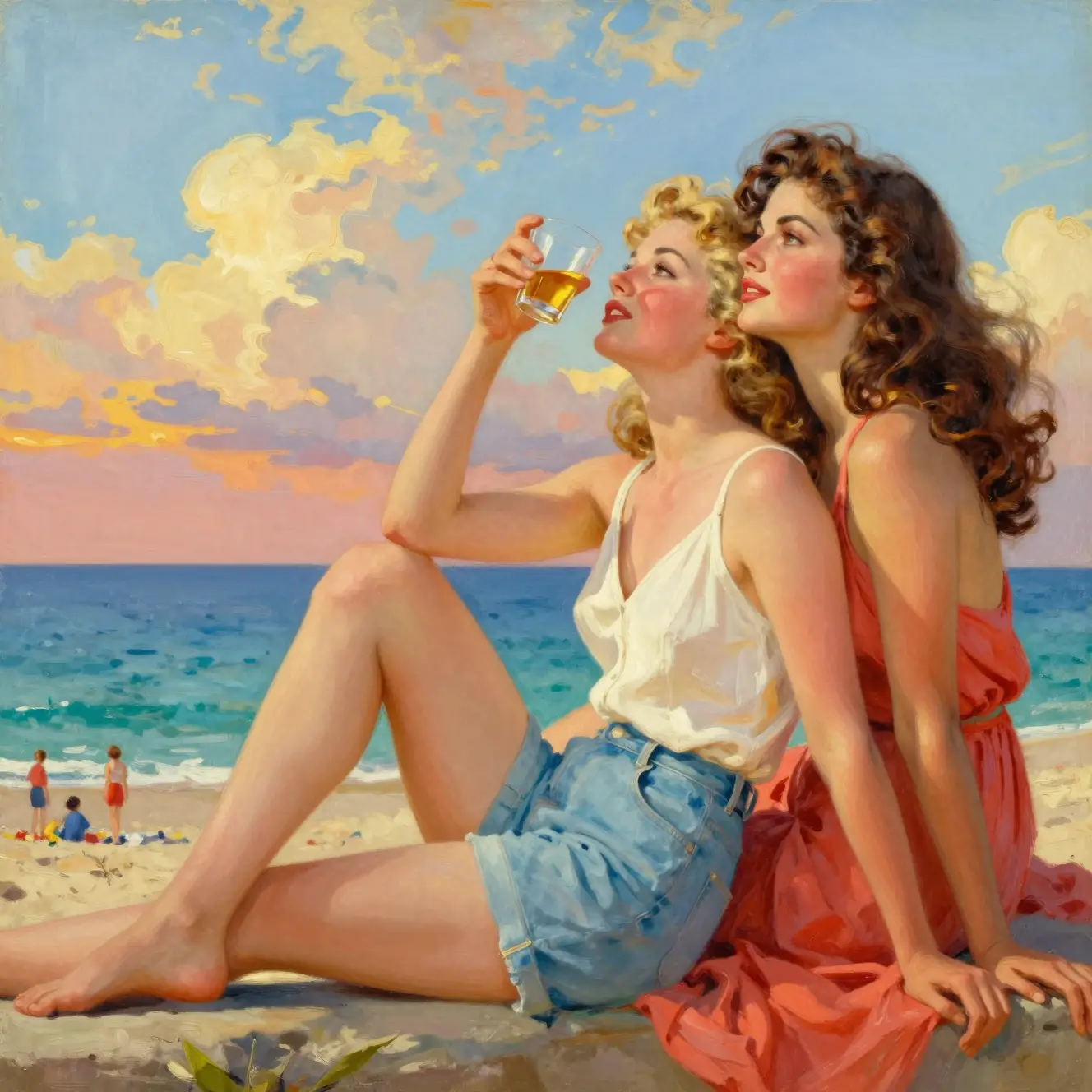 Mujeres vintage junto al mar relajándose en la cálida luz del atardecer