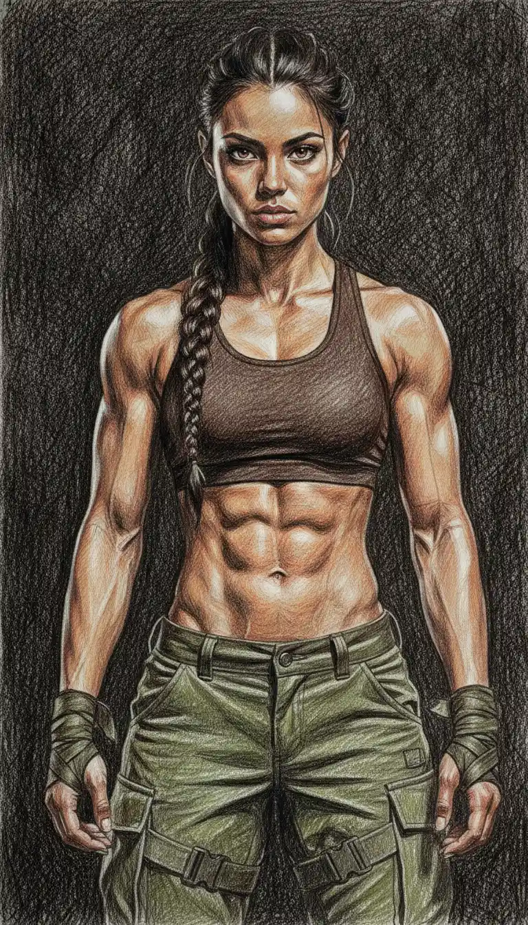 Retrato de chica atlética en dibujo detallado a lápiz con trama cruzada